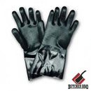 A pair of shiny black Butcher BBQ Neoprene Gloves for Pulled Pork | Heat Resistant BBQ Gloves is shown with the Butcher BBQ logo; these pulled pork gloves have long cuffs for extra protection.