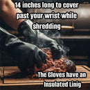 A person uses Butcher BBQ Neoprene Gloves for Pulled Pork | Heat Resistant BBQ Gloves to shred hot meat on a wooden board. The 14″ length covers past the wrist, and insulated lining protects from heat and steam.