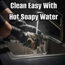Hands in black gloves washing under a stream of water with the text “Clean Easy With Hot Soapy Water”—perfect for cleaning your Butcher BBQ Neoprene Gloves for Pulled Pork | Heat Resistant BBQ Gloves.