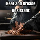 A person uses Butcher BBQ Neoprene Gloves for Pulled Pork | Heat Resistant BBQ Gloves to shred meat on a cutting board with a smoker in the background. Text: Heat and Grease Resistant.