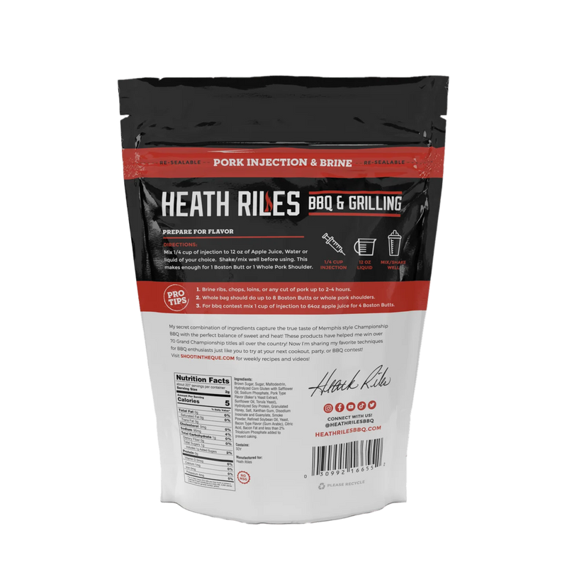 Heath Riles Pork Injection and Brine mix for juicy tender smoked pork at DDR BBQ Supply