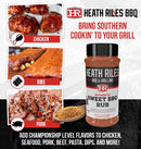 Promotional image for Heath Riles Sweet BBQ Rub by Heath Riles, a championship BBQ rub. Features photos of chicken, ribs, and pulled pork. Highlights adding sweet seasoning flavor to chicken, seafood, pork, beef, pasta, dips & more.