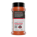 A bottle of Heath Riles Sweet BBQ Rub with a black lid displays the back label, including usage instructions, nutrition facts, social media icons, heathriles.com, and the Heath Riles signature at the bottom.