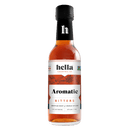A 5oz bottle of Hella Cocktail Co. Cocktail Bitters: Aromatic (Certified Non-GMO) with orange liquid, black cap, and a white label featuring black and orange text, highlighting gentian root and whole spices.