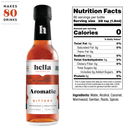 A 5oz bottle of Hella Cocktail Co. Aromatic Bitters (Certified Non-GMO) sits beside its nutrition label—0 calories, 80 servings per bottle. Ingredients: water, alcohol, caramel, wormwood, gentian, roots, spices.