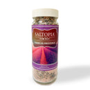 A clear jar of SALTOPIA Infused Sea Salts’ Herbs De Provence Seasoning Salt, showcasing a purple and red label with a lavender field image, white lid, and a savory blend of herbs with Pink Himalayan Sea Salt.
