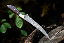 The Texan Knives Damascus Fillet Knife – 13" features a patterned blade, a rich rosewood handle, and comes with a leather sheath. It rests on a tree stump with green leaves softly blurred in the background.