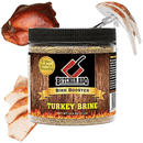 A jar of Butcher BBQ Turkey Brine & Injection surrounded by images of cooked turkey slices and a whole roasted bird.