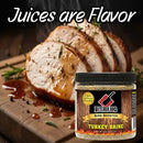 A jar of Butcher BBQ Turkey Brine & Injection sits on a wooden board next to sliced, steaming cooked turkey.