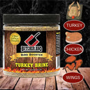 A plastic jar of Butcher BBQ Turkey Brine & Injection, shown next to icons of a whole turkey, a chicken, and poultry wings.