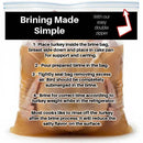 A Butcher BBQ Turkey Brine & Injection clear plastic bag filled with liquid and a whole turkey, printed with brine instructions and a note about the double zipper.