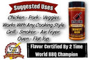 Butcher BBQ Honey Rub "The Original" Dry Rub / BBQ Seasoning by Butcher BBQ is shown with suggested uses: chicken, pork, veggies, grill, smoker, air fryer, oven, and flat top. This 2-time world BBQ champion even features the Trust Your Butcher seal.