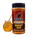 A honey jar with dipper sits next to Butcher BBQ Honey Rub "The Original" dry rub seasoning, making a perfect pair for your next BBQ.