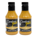 Two bottles of Gourmet Carolina Gold Honey Carolina Gold BBQ Sauce with black caps and yellow mustard-based sauce.