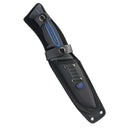 A black sheath with blue accents from the Dalstrong Night Shark Series, featuring metal rivets, a buttoned strap, and protective cover. The visible DALSTRONG logo ensures safe storage for your 5" Fishing Hook Knife. NSF Certified.