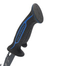 Close-up of the Dalstrong Fishing Hook Knife 5" Night Shark Series handle in black with blue accents and textured grip, showcasing bold DALSTRONG branding. The partially visible NSF Certified blade features a serrated edge.