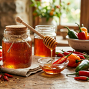 A glass jar of SALTOPIA Infused Sea Salts sits beside a bowl of hot peppers. A honey dipper drizzles Saltopia Hot Honey into a dish with red chili peppers, blending sweet and spicy flavors on a rustic wooden table.
