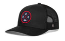 The Haka Hat Houston Trucker Hat is a black snapback with a curved brim, mesh back, and a front circular patch with red and blue accents, featuring "HOU" and a football icon—your perfect go-to hat.