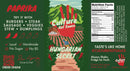 A vibrant label for Culture Hot Sauce Hungarian Secret showcases a mountain and farm scene, with bold red “PAPRIKA” text, detailed ingredient and nutrition facts, social media handles, and a chef’s signature. The design emphasizes local, handmade production, introducing this sugar-free hot sauce as an authentic Hungarian specialty. Experience the rich taste of true Hungarian paprika—no sugar added—crafted by Culture Hot Sauce from only the finest ingredients.