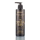 A black bottle of The Immaculate Beard Lotion with a pump top features a label highlighting ingredients such as herbal mint, lemon peel, lavender, and sea salt. Enriched with organic shea butter, this men’s lotion is an excellent moisturizer for dry skin. Net weight: 7.5 oz (222 mL).