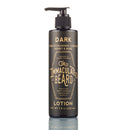 A black pump bottle labeled The Immaculate Beard Lotion by The Immaculate Beard, featuring scent notes of tobacco blossom, caramel, honey, and rose. This men’s moisturizer for dry skin is enriched with organic shea butter and comes in a 7.5 oz (222 mL) bottle.