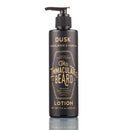 Black pump bottle labeled The Immaculate Beard Lotion by The Immaculate Beard, a premium men’s moisturizer for dry skin in the Dusk Sandalwood & Vanilla scent, 7.5 oz (222 ml), enriched with organic shea butter and featuring gold and white text on the front.