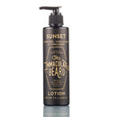 A black 7.5 oz (222 mL) bottle of The Immaculate Beard Lotion by The Immaculate Beard, featuring a pump dispenser and gold text that reads “Sunset: Citrus Peel, Vanilla Musk & Tonka Bean.” This men’s lotion is enriched with organic shea butter, providing powerful moisture for dry skin.