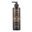 A 7.5 oz (222 mL) black bottle of The Immaculate Beard Immaculate Organic Beard Lotion With Shea Butter, featuring a pump top and labeled with the Sunset scent—citrus peel, vanilla musk, and tonka bean. This facial hydrator is infused with organic shea butter.