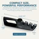 The NULU Adjustable Knife Sharpener by NULU Inc. is displayed in sleek black, featuring labeled coarse and fine slots. The text highlights its compact dimensions—10.5 inches long, 2.75 inches high, 1.75 inches wide—and lightweight 8 oz design. With an ergonomic handle and adjustable angle settings, this sharpener is a practical addition to any kitchen countertop.