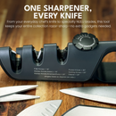 A black NULU Adjustable Knife Sharpener by NULU Inc. rests on a wooden surface, surrounded by an assortment of knives. Above, text highlights its versatility as an adjustable sharpener designed to sharpen a wide range of blades, from chef’s knives to pocket knives.