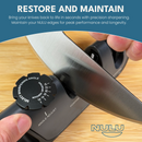 A hand sharpens a knife with the NULU Adjustable Knife Sharpener from NULU Inc., carefully setting the sharpening angle using the built-in knob. Text above highlights that restoring and maintaining knife edges for peak performance and longevity makes this an essential kitchen tool for every home chef.