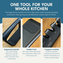 Three close-up photos of the NULU Adjustable Knife Sharpener by NULU Inc. showcase its ergonomic handle, non-slip rubber feet, and tungsten carbide sharpening slots, each feature accompanied by descriptive text. Designed for maximum comfort and safety, this adjustable sharpener from NULU Inc. ensures effortless maintenance to keep your blades razor-sharp.