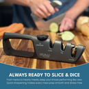 A NULU Adjustable Knife Sharpener from NULU Inc. sits on a kitchen counter with vegetables in the background. Text reads: Always ready to slice & dice. Keep your knives performing like new with the NULU Adjustable Knife Sharpener by NULU Inc. Quick sharpening makes every meal prep smooth and stress-free.
