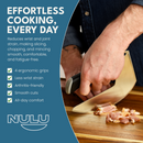 Someone effortlessly slices bacon on a wooden cutting board using the NULU Knife and Dock Bundle by NULU Inc. On-screen text highlights the knife’s advantages: reduced wrist strain, arthritis-friendly design, smooth cutting performance, and four ergonomic grips—making it an ideal addition to any countertop storage solution.