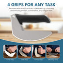 The NULU Knife and Dock Bundle by NULU Inc. is featured with its signature curved blade and sleek black handle, displayed above four visuals illustrating proper hand grips—Fore Grip, Axe Grip, Chop Grip, and Mincing Grip. The accompanying text highlights the bundle’s ergonomic design for comfort and versatility, positioning it as an outstanding option for a wide range of culinary tasks.