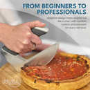A hand uses The NULU Knife with Sheath to slice a deep-dish pizza. Text reads: From beginners to professionals. Just like an ergonomic kitchen knife, the adaptive design from NULU Inc. helps anyone cut like a chef—with comfort, control, and precision for every skill level.