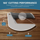 Sure! Here’s a rewritten version using your product data: The NULU Knife and Dock Bundle from NULU Inc. features a curved blade with three labeled edges—heel, aft, and fore—that deliver a precise 160-degree cutting angle. Showcased on a wooden surface, this ergonomic kitchen knife emphasizes exceptional precision and versatility.