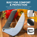 The NULU Knife with Sheath from NULU Inc. is displayed slicing vegetables, featuring a rounded stainless steel blade, a black non-slip handle, and a BPA-free sheath; labeled highlights emphasize the comfort and safety of this versatile kitchen tool.