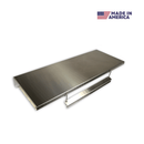 Rectangular stainless steel Pimp My Grill® Tactical Stainless Folding Front Shelf for the Recteq RT-590, featuring an attached towel bar and Made in America graphic.