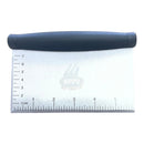 A WPPO LLC Direct Multi Purpose Dough Knife/Cutter, featuring a black rounded handle and a straight metal blade engraved with centimeter and inch markings, rests on a white surface. This versatile kitchen tool is ideal for slicing dough or prepping your next pizza alongside your favorite cutter.