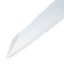 A close-up view of the Messermeister Iron & Resin Overland Chef 8″ Camp Knife showcases its shiny, silver, precision-forged blade with a sharp, pointed tip set against a white background.