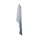The Messermeister Iron & Resin Overland Chef 8″ Camp Knife by Messermeister is shown with a straight, angled, precision-forged blade and a blue handle featuring two visible rivets, photographed against a plain white background.