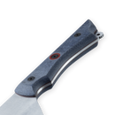 Close-up of the Messermeister Iron & Resin Overland Chef 8″ Camp Knife handle, featuring a blue textured grip, black screws, and a red accent near the blade—designed by Messermeister for outdoor cooking—shown on a white background.