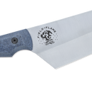 A close-up of the Messermeister Iron & Resin Overland Chef 8″ Camp Knife showcases its blue handle and a blade etched with the Field Flame logo, featuring flame and campfire artwork. Designed by Messermeister, this precision-forged camp knife offers both durability and style, making it an ideal companion for outdoor cooking adventures.