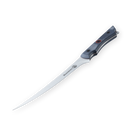 The Messermeister Iron & Resin Overland Chef 7″ Mid-Flex Fillet Knife features a slim, curved high-carbon stainless steel blade and a black handle with a distinctive red accent, specifically designed by Messermeister for precise fish preparation, shown against a white background.
