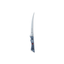 The Messermeister Iron & Resin Overland Chef 7″ Mid-Flex Fillet Knife features a long, thin, curved high-carbon stainless steel blade and a dark handle with two rivets and a red accent. Displayed on a white background, this Messermeister knife is perfect for precise fish preparation.