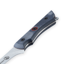 A close-up of the Messermeister Iron & Resin Overland Chef 7″ Mid-Flex Fillet Knife handle, featuring a blue-gray textured grip, black screws, and a red accent, with a partially visible high-carbon stainless steel blade on a white background—perfect for precise fish preparation.
