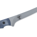 A close-up of the Messermeister Iron & Resin Overland Chef 7″ Mid-Flex Fillet Knife blade with a curved edge, featuring a blue-gray handle and the Messermeister logo on the blade—crafted from high-carbon stainless steel for exceptional fish preparation.