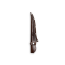 The Messermeister Iron & Resin Overland Chef 7″ Mid-Flex Fillet Knife by Messermeister is shown encased in a brown leather sheath featuring metal rivets and a snap closure, designed specifically for fish preparation and displayed against a plain white background.