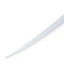 A close-up of the pointed tip of the Messermeister Iron & Resin Overland Chef 7″ Mid-Flex Fillet Knife—a shiny, curved metal blade crafted from high-carbon stainless steel—shown against a plain white background.